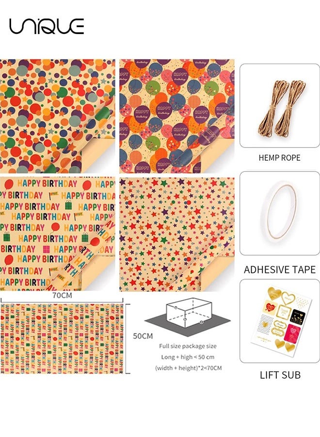 Unique Birthday Wrapping Paper Set - 4 Sheets Folded Sheets - Happy Birthday Design - 1 Stickers - 1 Roll of Double-sided Tape - Cowhide Hemp Rope - for Birthday Graduation and All Occasions, Gift Wrap Paper Set for Men Women (50*70 cm) - Image 2