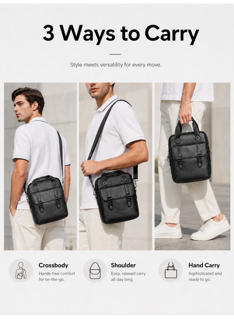 Wisalia Men’s Crossbody Bag PU Leather Messenger Bag for Men, Water Resistant Shoulder Bag with Top Handle for 10 to 12 Inch Tablet and iPad, Work Commute Travel Daily Bag Black - Image 3