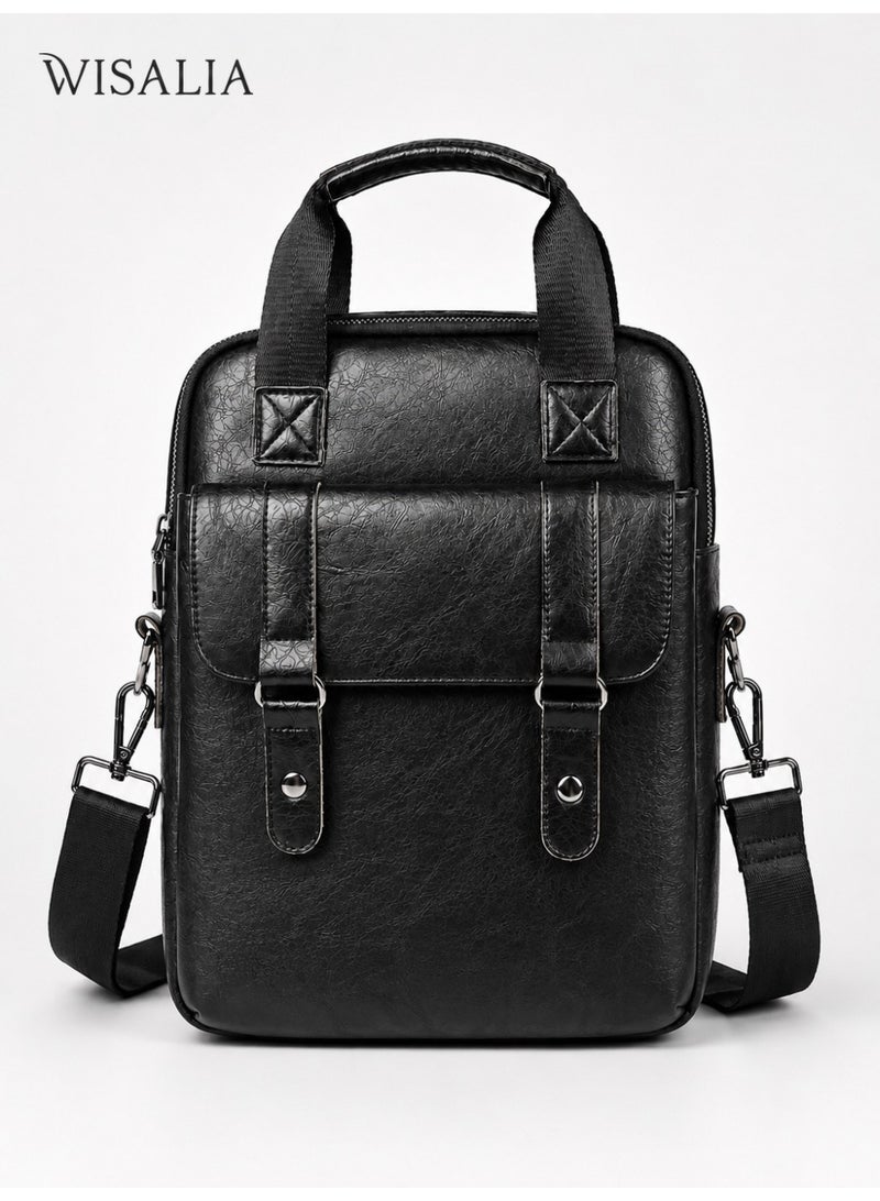 Wisalia Men’s Crossbody Bag PU Leather Messenger Bag for Men, Water Resistant Shoulder Bag with Top Handle for 10 to 12 Inch Tablet and iPad, Work Commute Travel Daily Bag Black - Image 1
