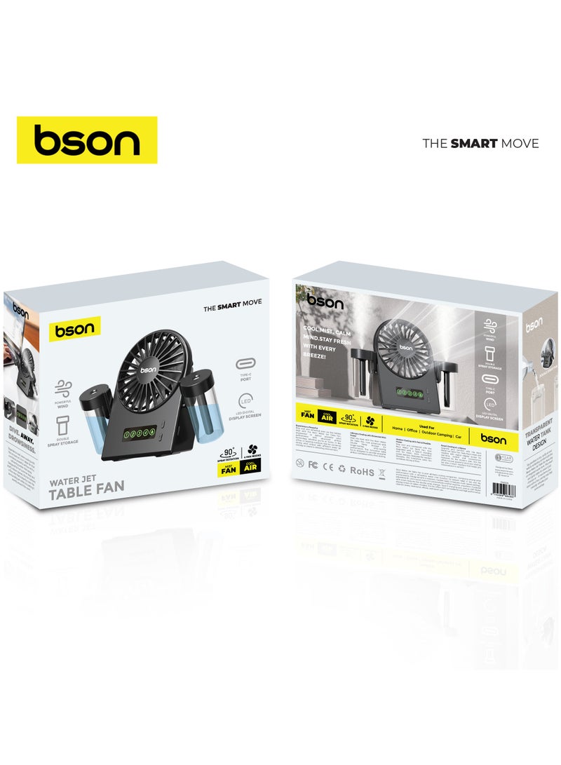 BSON Water Jet Table Fan - Dual Mist Spray with 90° Rotation, 4 Speed Modes, Cool Air Breeze, Built-in Water Tank, LED Display, Type-C Charging, Compact Cooling for Home or Office Use  - Image 2