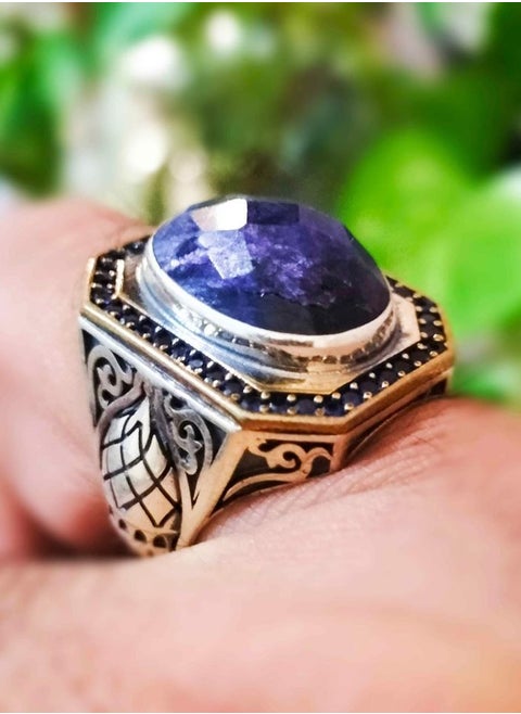 Top Quality Elegant Blue Sapphire In A Unique huge Silver Ring.
