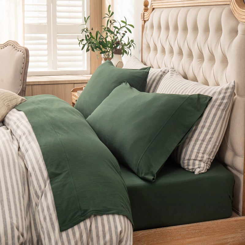 PURE ERA PURE ERA Jersey Knit 4pc Bed Sheet Set 100% T-Shirt Heather Cotton Super Soft Comfy Breathable Fits Mattress Up to 20"" Extra Deep Pocket (Forest Green  Full)  - Image 1