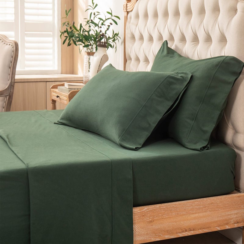 PURE ERA PURE ERA Jersey Knit 4pc Bed Sheet Set 100% T-Shirt Heather Cotton Super Soft Comfy Breathable Fits Mattress Up to 20"" Extra Deep Pocket (Forest Green  Full)  - Image 5