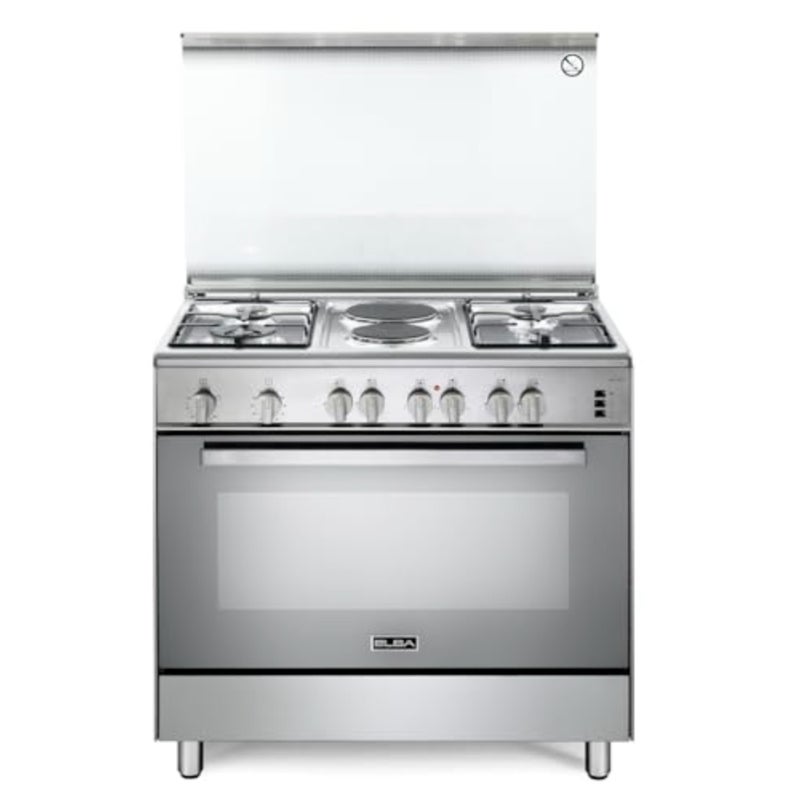 Kitchen cooking range with stainless steel material, silver color, featuring 6-zone cooktop 4 gas burners + 2 electric hotplates,106L 9-function oven with grill and rotisserie, 120-min timer, cooling fan, storage drawer, and Italian engineering - Image 2