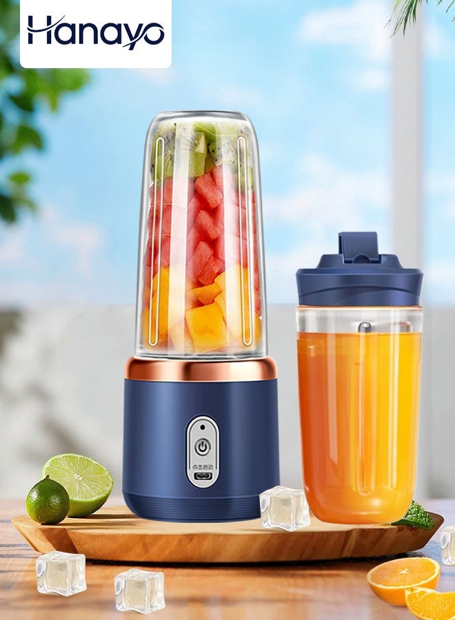 Hanayo خلاط فواكه كهربائي محمول خلاط USB قابل لإعادة الشحن مع كوب عصير لعصائر السموذي 400 مل كوب عصير للسفر (أزرق) - Image 1