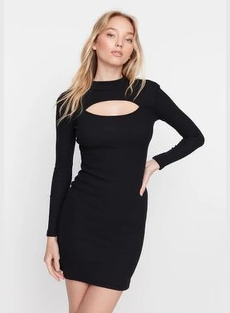 trendyol Black Cut Out/Window Detail Fitted Mini, Stand-Up Collar Ribbon, Flexible Knit Dress TWOAW21EL2497