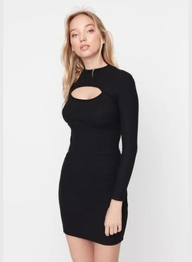 trendyol Black Cut Out/Window Detail Fitted Mini, Stand-Up Collar Ribbon, Flexible Knit Dress TWOAW21EL2497
