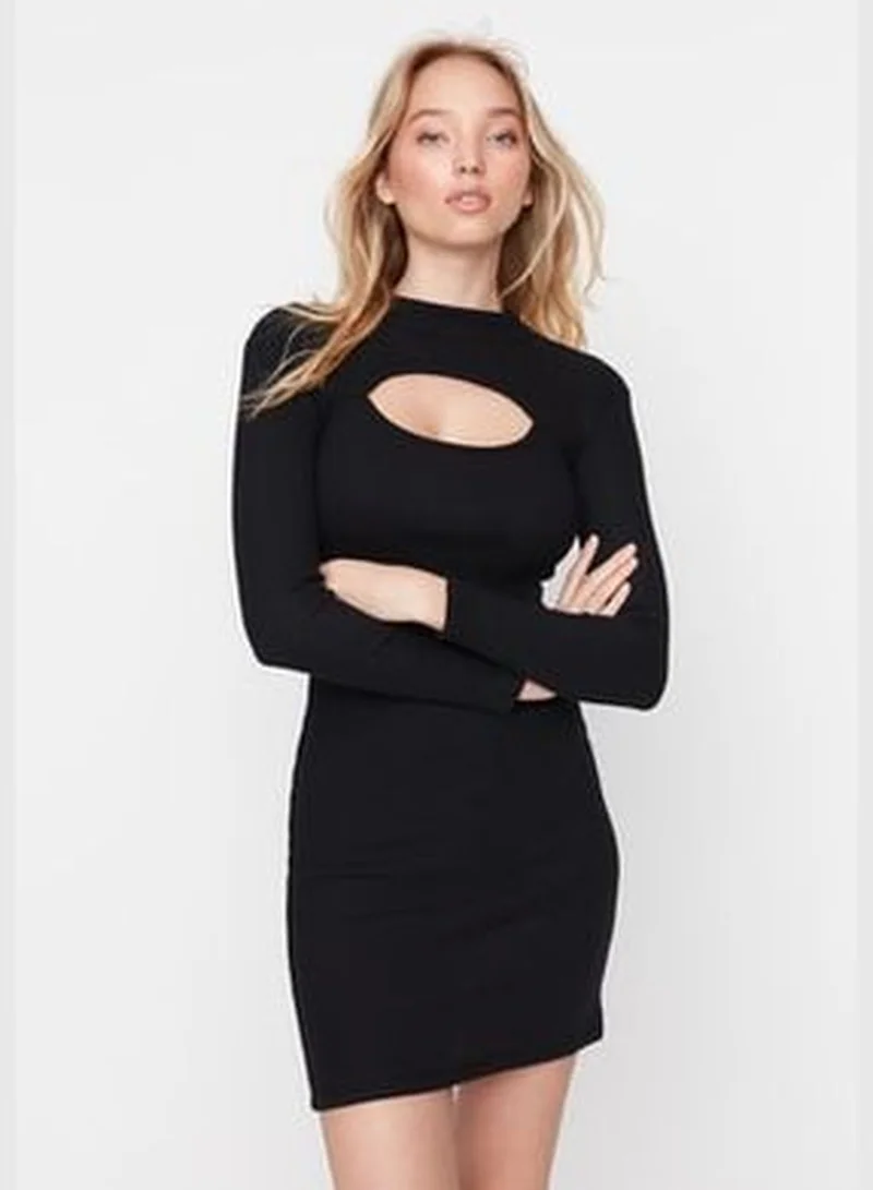 trendyol Black Cut Out/Window Detail Fitted Mini, Stand-Up Collar Ribbon, Flexible Knit Dress TWOAW21EL2497