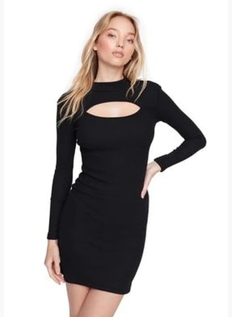 trendyol Black Cut Out/Window Detail Fitted Mini, Stand-Up Collar Ribbon, Flexible Knit Dress TWOAW21EL2497