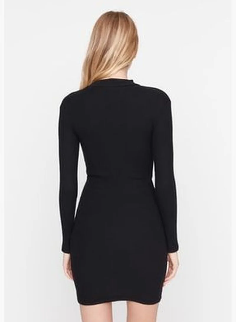 trendyol Black Cut Out/Window Detail Fitted Mini, Stand-Up Collar Ribbon, Flexible Knit Dress TWOAW21EL2497