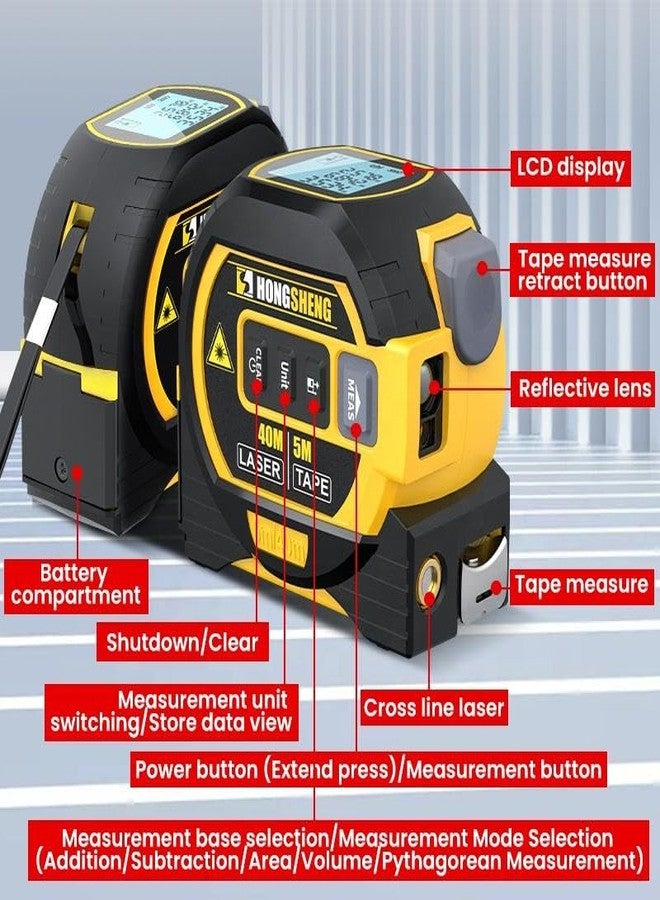 XOYO Laser Measurement Tape, 3in1 Digital Laser Distance Meters with LCD Display, 40M Laser & 5M Tape Measure, Vertical Cross Line, Measuring Area/Volume/Distance/Pythagorean Circumference (40M) - Image 5