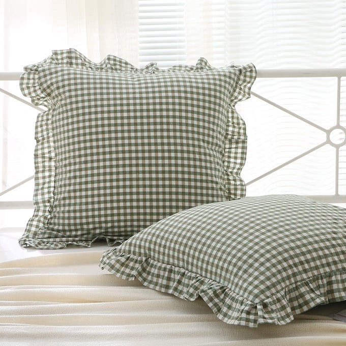 2 PACK SAGE GREEN PLAID RUFFLE GINGHAM EURO SHAMS PILLOW COVERS 100 WASHED COTTON CHECKERED FARMHOUSE PILLOWCASES FOR BEDSOFA 26X26
