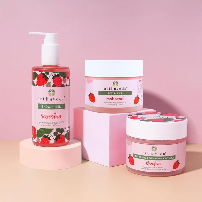 Arthaveda Strawberry Nourishment Trio Shower Gel Body Butter Body Scrub Hydrating Nourishing Skincare Combo Perfect CostFriendly Gift For All Occasions Birthdays Anniversaries Festivals More Unisex Premium Gift Packaging Pack of 3 - Image 1