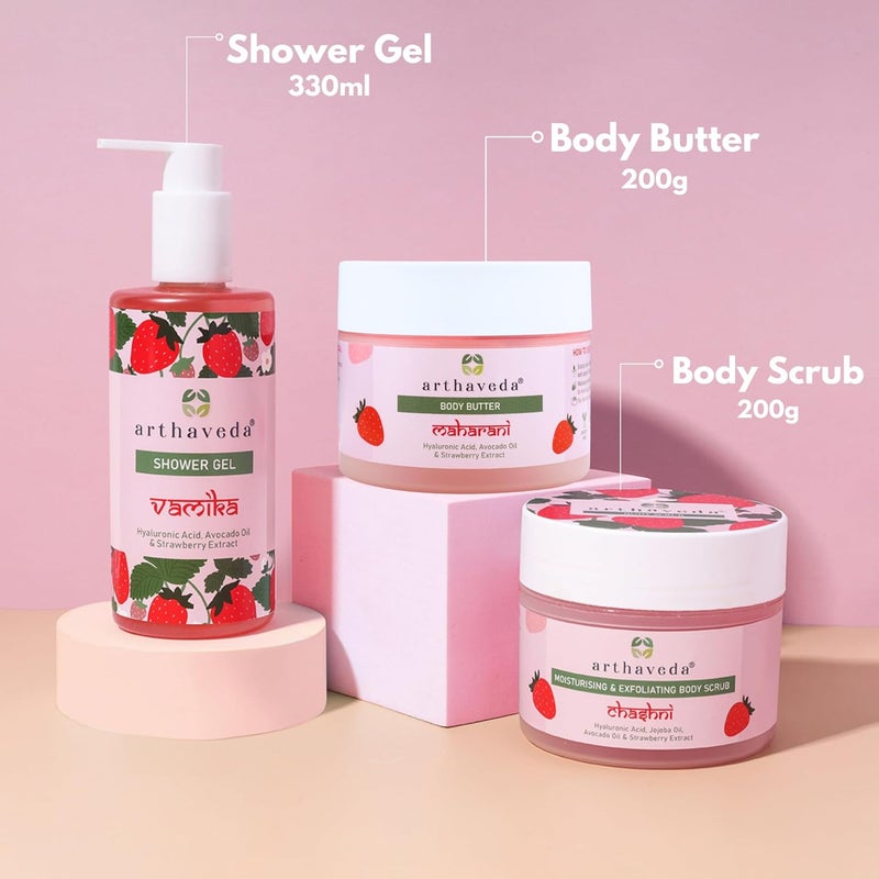 Arthaveda Strawberry Nourishment Trio Shower Gel Body Butter Body Scrub Hydrating Nourishing Skincare Combo Perfect CostFriendly Gift For All Occasions Birthdays Anniversaries Festivals More Unisex Premium Gift Packaging Pack of 3 - Image 2