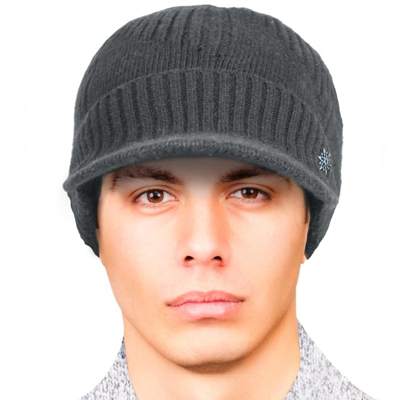 Dahlia Men's Beanie with Visor, Wool Winter Hat, Ribbed, Fleece Lined, Dk Gray - Image 2