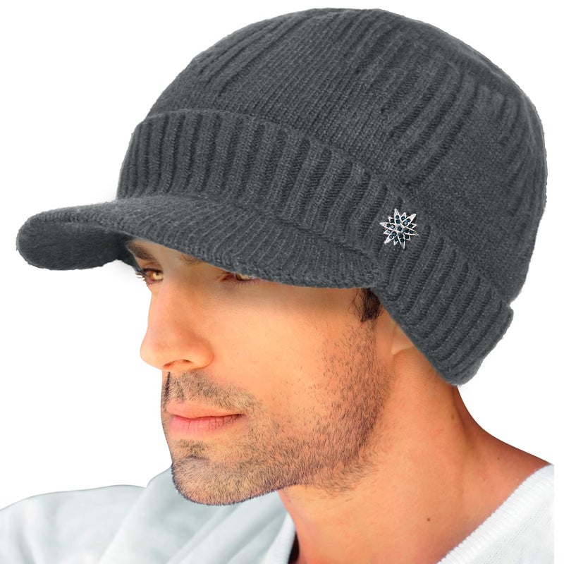 Dahlia Men's Beanie with Visor, Wool Winter Hat, Ribbed, Fleece Lined, Dk Gray - Image 3