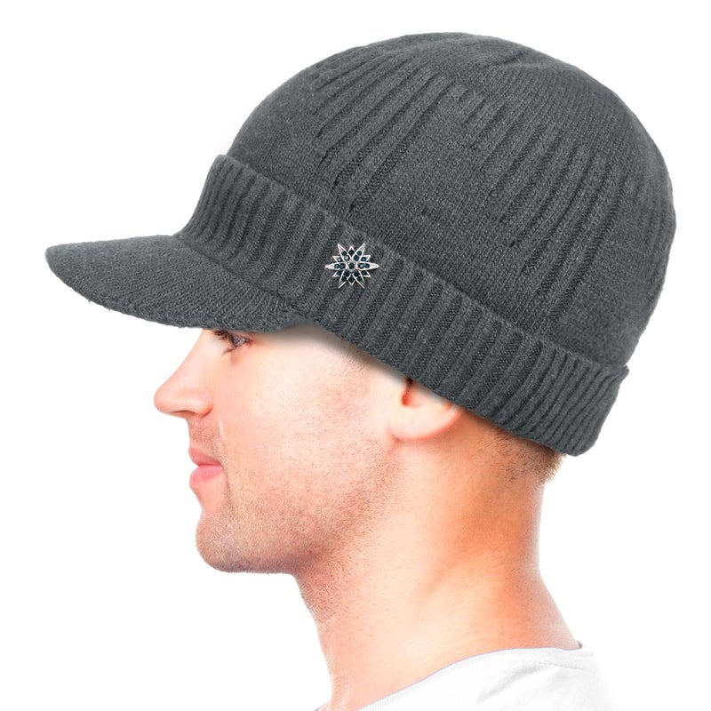 Dahlia Men's Beanie with Visor, Wool Winter Hat, Ribbed, Fleece Lined, Dk Gray - Image 4