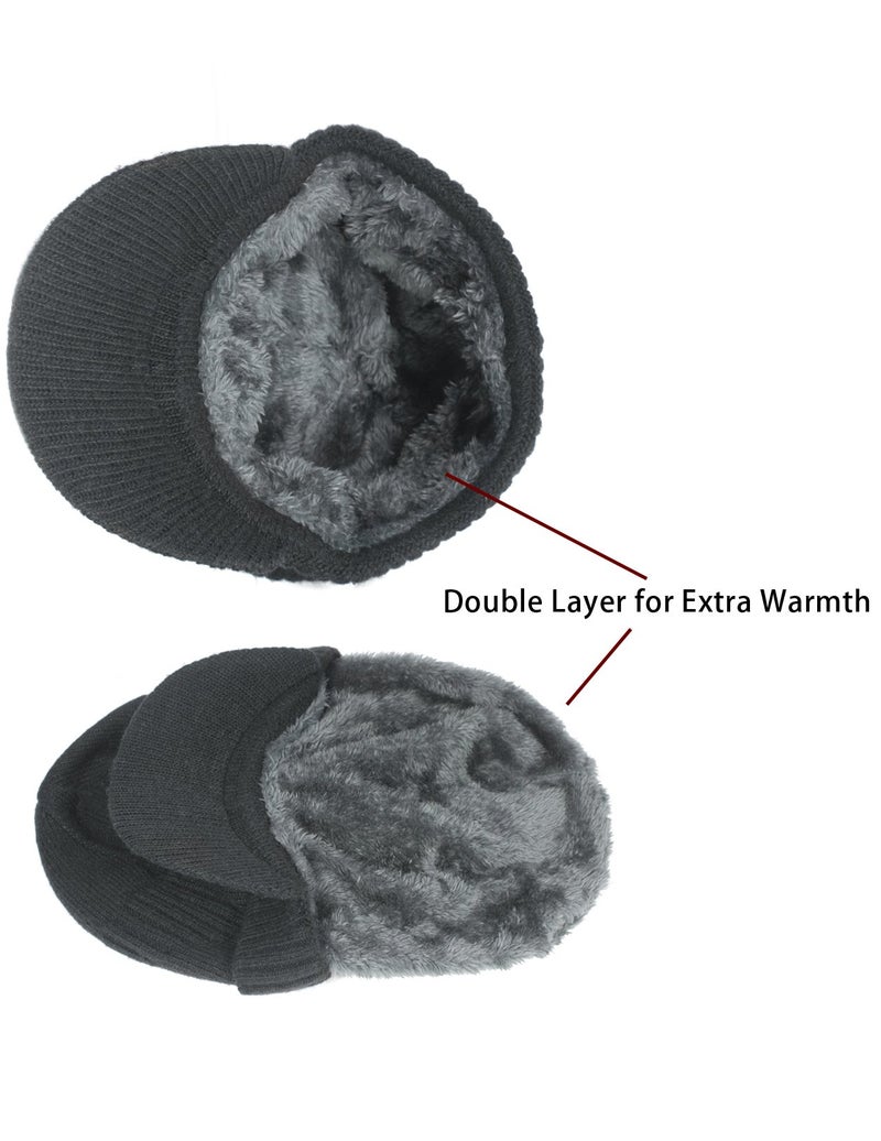 Dahlia Men's Beanie with Visor, Wool Winter Hat, Ribbed, Fleece Lined, Dk Gray - Image 5