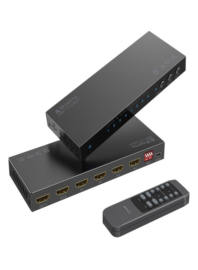 Portta 4K 60Hz HDMI Matrix 4x2, 4 in 2 Out Switch Splitter with Toslink 3.5mm Audio Extractor, ARC, 16 EDID Modes, 4K Downscale, and IR Remote Support HDMI 2.0b HDCP 2.3/2.2 HDR 3D CEC - Image 1