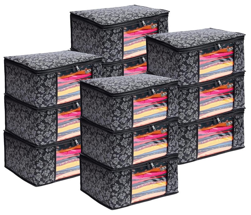 LAXIS ® Saree Covers With Zip Non-Woven Printed Saree Cover/Saree Organizer For Wardrobe/Cloth Storage With Transparent Window/Saree Bags Storage/Clothes Organizer (Black- Pack of 12) - Image 1