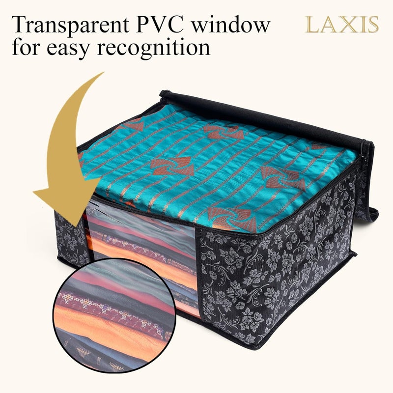 LAXIS ® Saree Covers With Zip Non-Woven Printed Saree Cover/Saree Organizer For Wardrobe/Cloth Storage With Transparent Window/Saree Bags Storage/Clothes Organizer (Black- Pack of 12) - Image 5