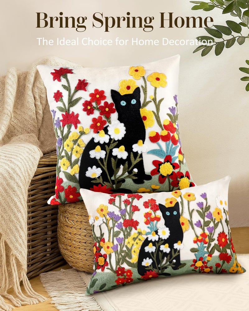 Kokaaee Embroidered Throw Pillow Cover - 20x20 Decorative Pillow Cover with Zipper Aesthetic Cute Design Boho Spring Summer Throw Pillowcase for Living Room Couch Sofa Bed, Flower Cats - Image 5