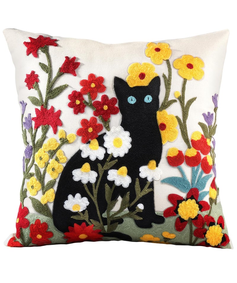 Kokaaee Embroidered Throw Pillow Cover - 20x20 Decorative Pillow Cover with Zipper Aesthetic Cute Design Boho Spring Summer Throw Pillowcase for Living Room Couch Sofa Bed, Flower Cats - Image 1