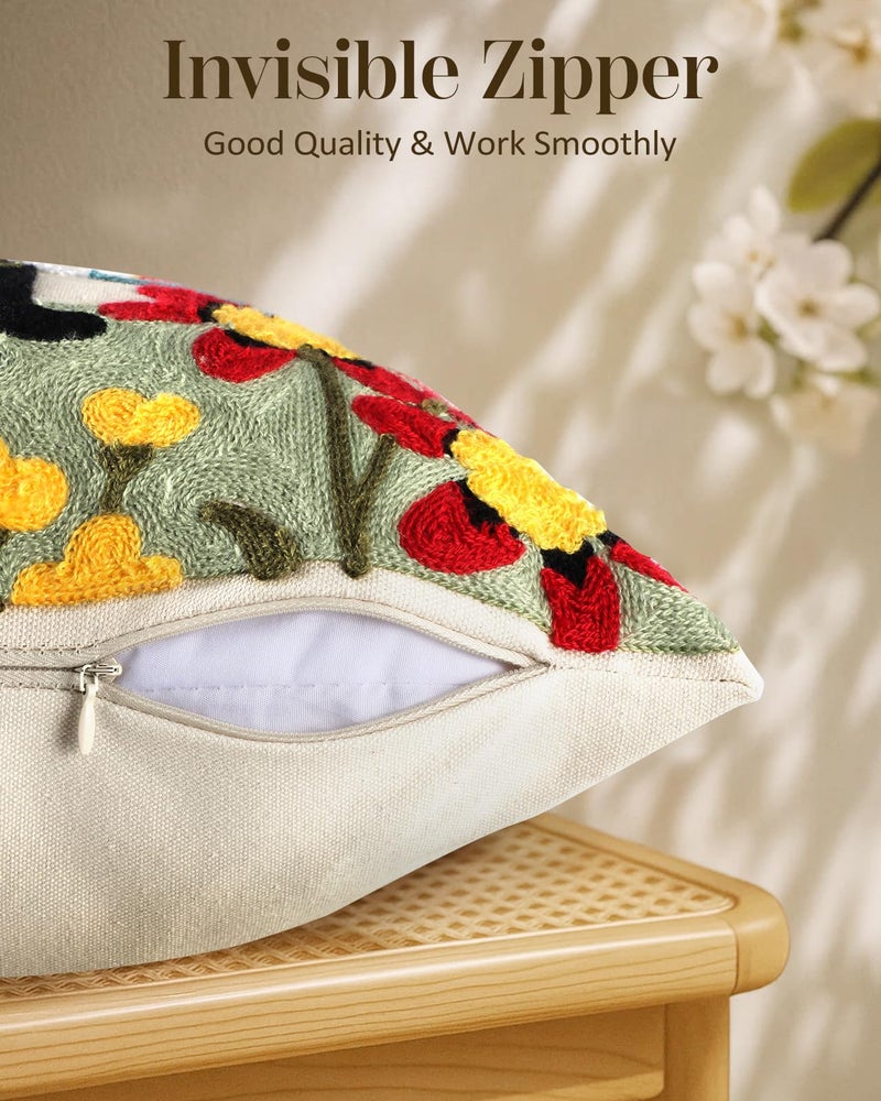 Kokaaee Embroidered Throw Pillow Cover - 20x20 Decorative Pillow Cover with Zipper Aesthetic Cute Design Boho Spring Summer Throw Pillowcase for Living Room Couch Sofa Bed, Flower Cats - Image 3