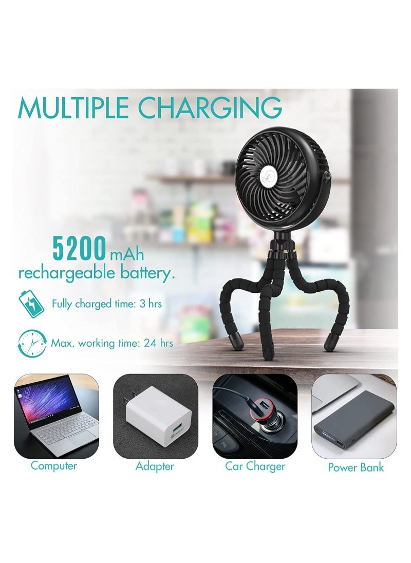ماركة غير محددة - مروحة شخصية صغيرة يدوية محمولة ذات بطارية مدمجة بسعة 5200mAh، مع مشبك ثلاثي الوظائف مرن للاستخدام على السرير أو المكتب أو الدراجة أو جهاز المشي باللون الأسود. - Image 1