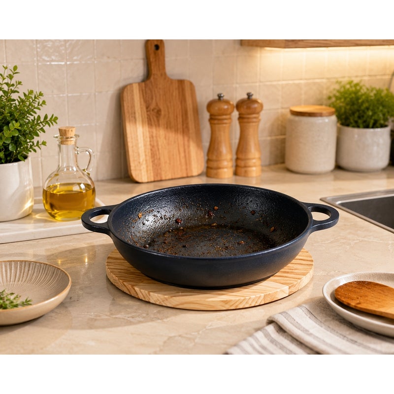 Deep Pan with Side Handles 24 cm with Wooden Base - A-1175G - Image 4