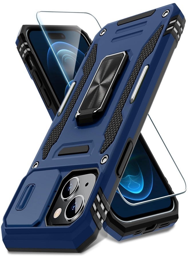 DEERLAMN جراب DEERLAMN لهاتف iPhone 15 Plus مع غطاء كاميرا منزلق + واقي شاشة (عبوة واحدة)، غطاء حماية مقاوم للصدمات من الدرجة العسكرية مع مسند حلقي دوار، مقاس 6.7 بوصة - أزرق داكن - Image 1