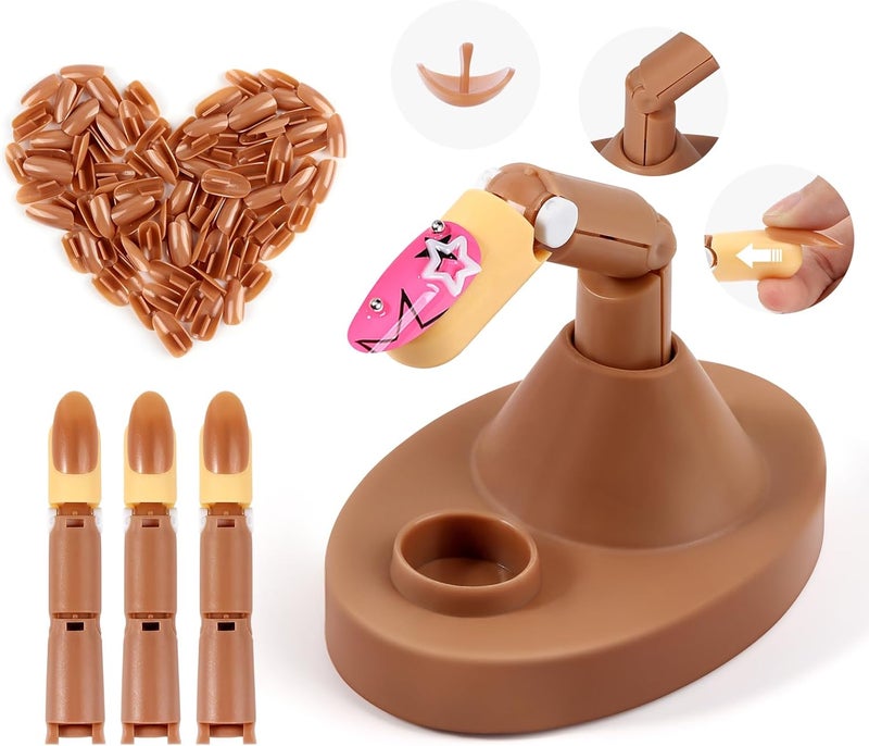 Practice Hand for Acrylic Nails 3 Pcs Adjustable Brown Practice Finger and 100Pcs Replaceable Nail Tips Brown Professional Nail Hand Practice Model for Manicure Nail Art