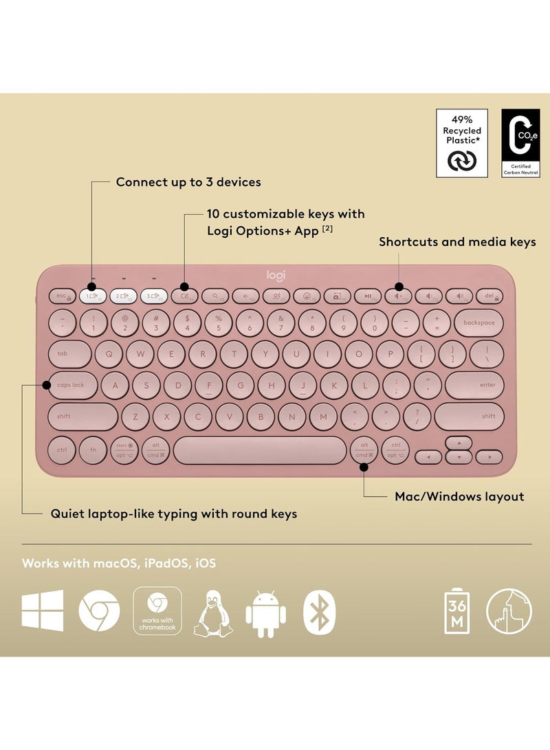Logitech Pebble Keys 2 K380s, Multi-Device Bluetooth Wireless Keyboard with Customisable Shortcuts, Slim and Portable, Easy-Switch for Windows, macOS, iPadOS, Android, Chrome OS - Tonal Rose  - Image 2
