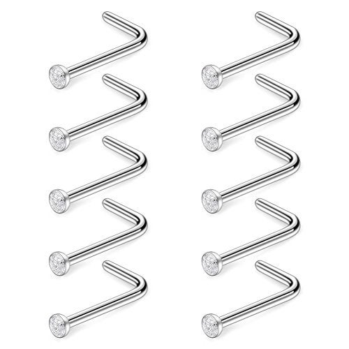 Ruifan 10PCS 20G 316L Surgical Steel 1.5mm Jeweled Clear Round Diamond Cubic Zirconia Crystal Nose L Shaped Studs Rings Piercing Jewelry - Image 1
