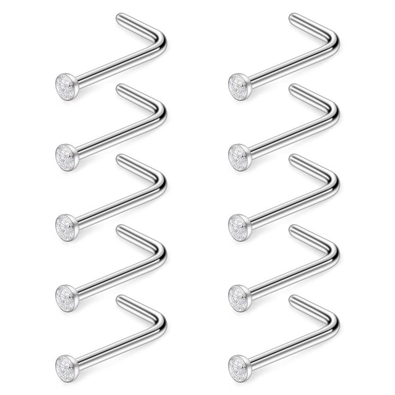 Ruifan 10PCS 20G 316L Surgical Steel 1.5mm Jeweled Clear Round Diamond Cubic Zirconia Crystal Nose L Shaped Studs Rings Piercing Jewelry - Image 4