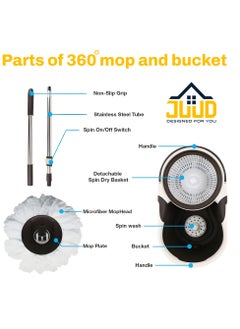 Juud Juud 360 Spin Mop & Bucket Set for Floor Cleaning–Easy Press Stainless Steel Handle 2 Microfiber,Wheels Handle Dehydration Indicator Turbine Spin Ideal for Home Kitchen  - Image 3