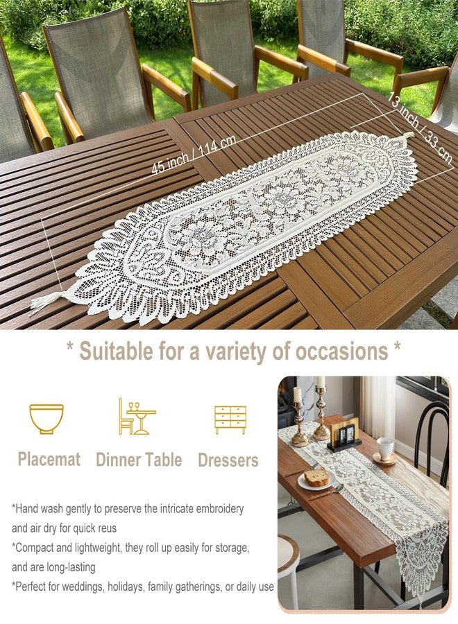 RHVQ 2Pcs Lace Table Runners with Tassels, Farmhouse Boho Doily Vintage Floral Dollies for Tables Dresser Nightstand Decor, Beige(13"x45") - Image 2
