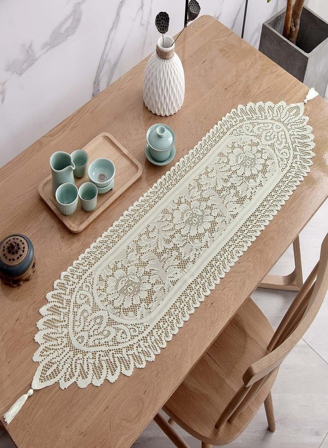 RHVQ 2Pcs Lace Table Runners with Tassels, Farmhouse Boho Doily Vintage Floral Dollies for Tables Dresser Nightstand Decor, Beige(13"x45") - Image 1