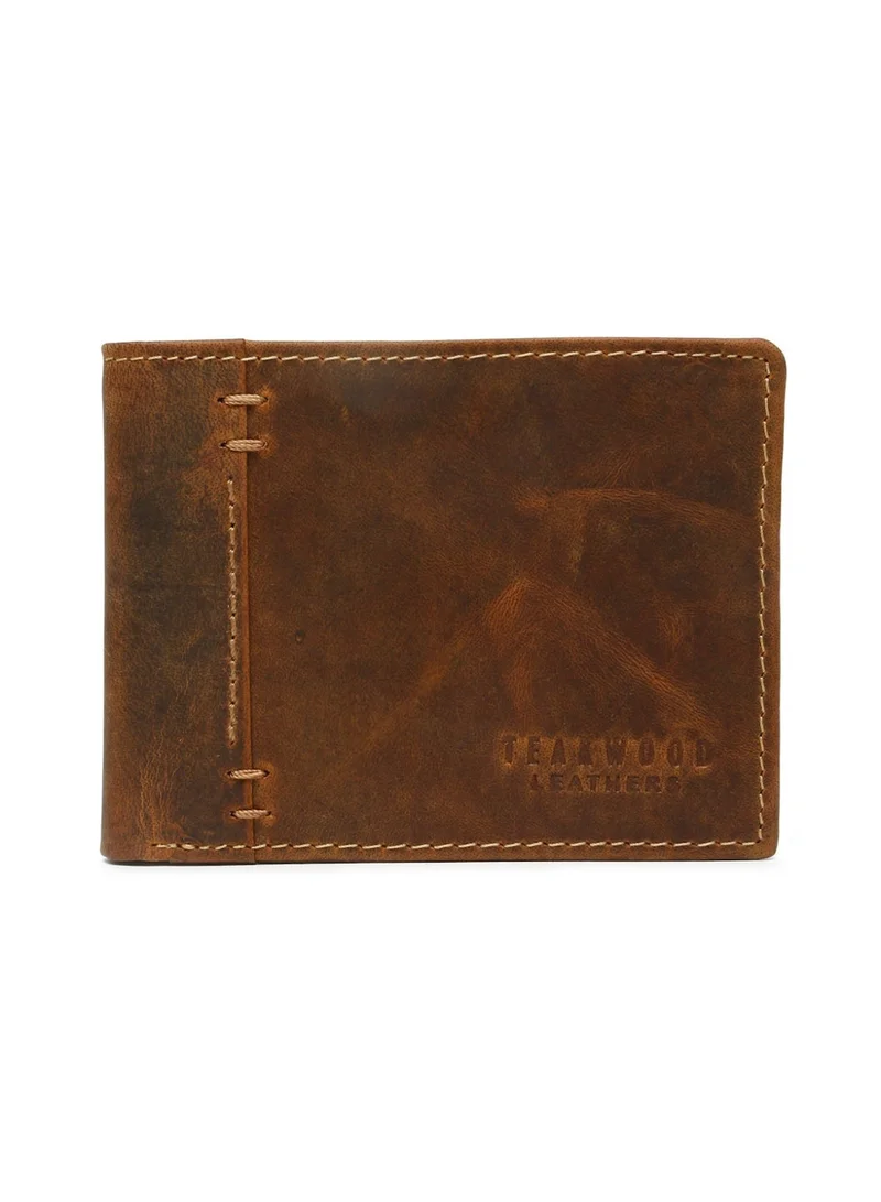 Teakwood  Teakwood Men's Genuine Leather Wallet | 5 Card Slots | 2 Cash Compartments | 2 ID Windows | Button Coin Pocket | 4 Slip Pockets | Brown for Men | Best Price UAE