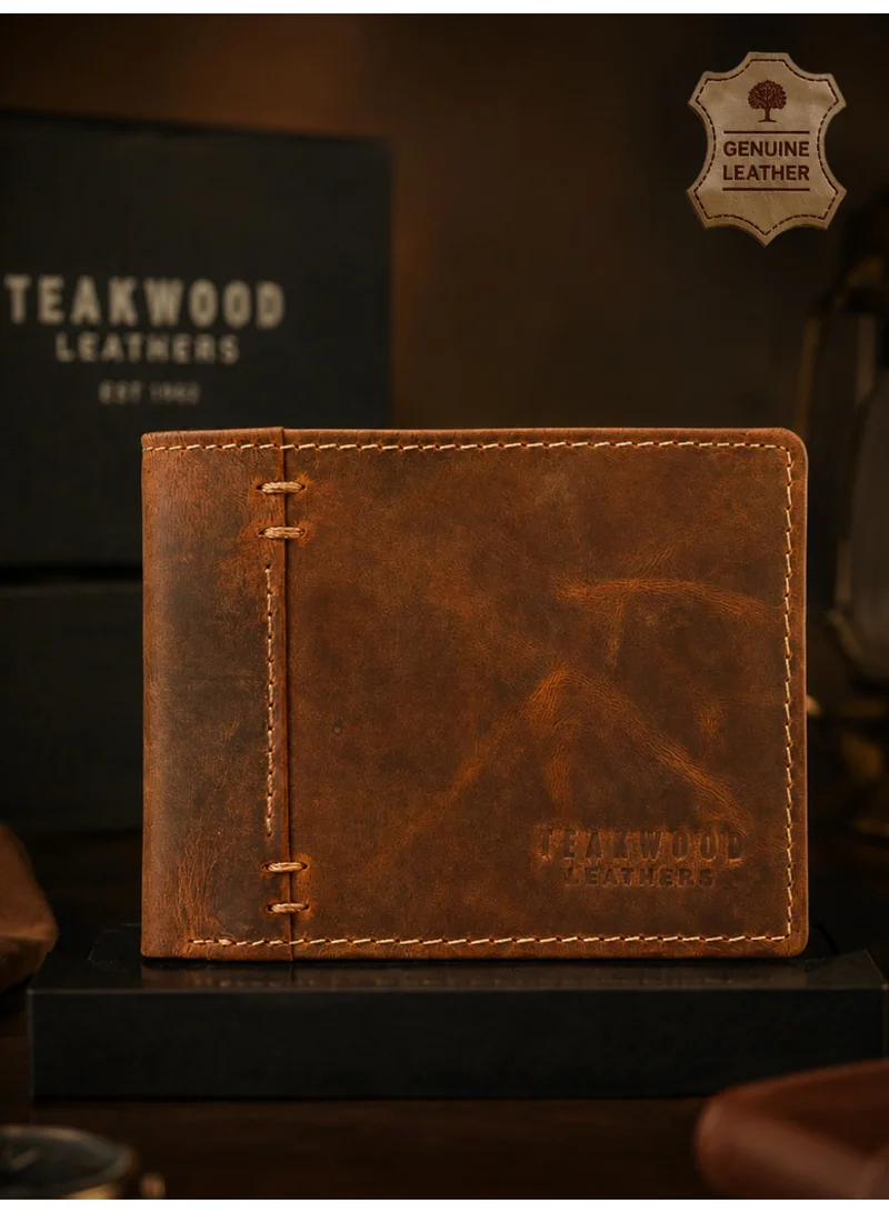 تيك وود Teakwood Men's Genuine Leather Wallet | 5 Card Slots | 2 Cash Compartments | 2 ID Windows | Button Coin Pocket | 4 Slip Pockets | Brown