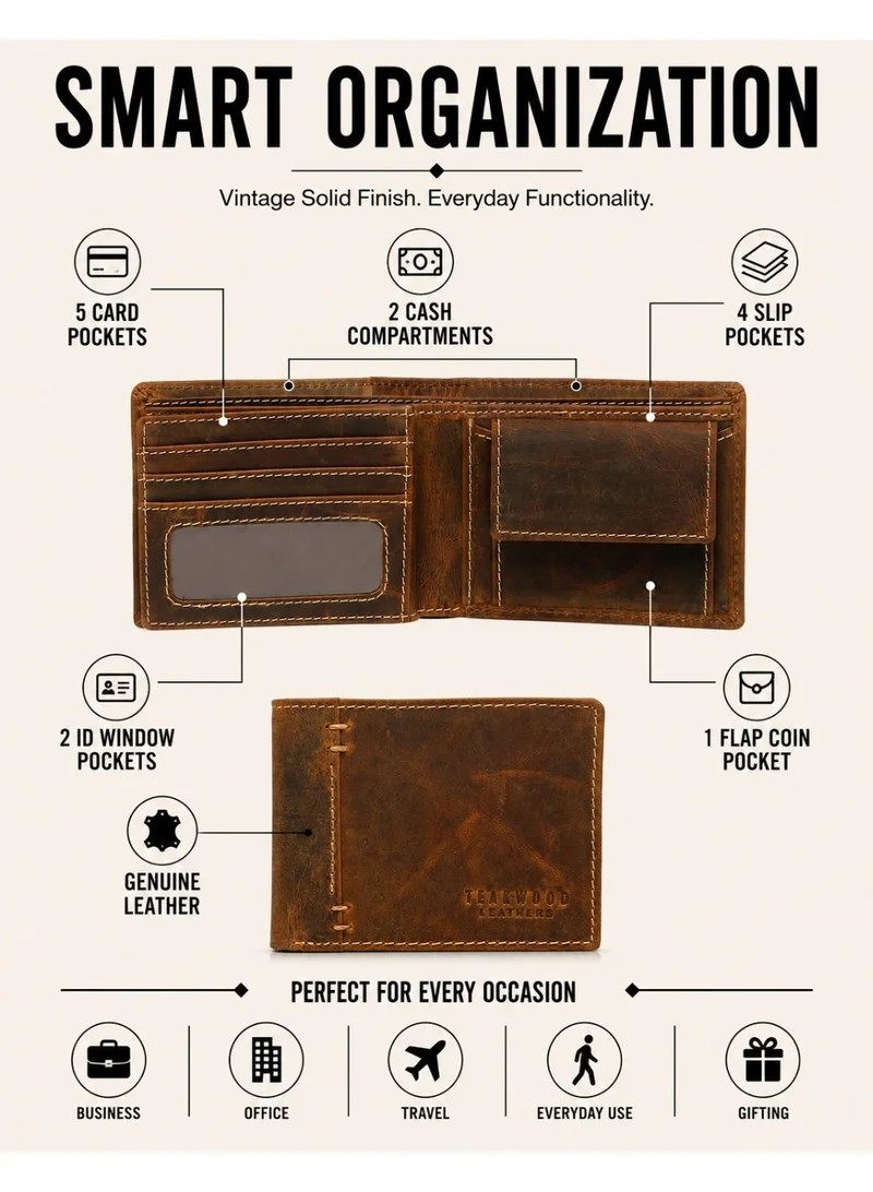 تيك وود Teakwood Men's Genuine Leather Wallet | 5 Card Slots | 2 Cash Compartments | 2 ID Windows | Button Coin Pocket | 4 Slip Pockets | Brown