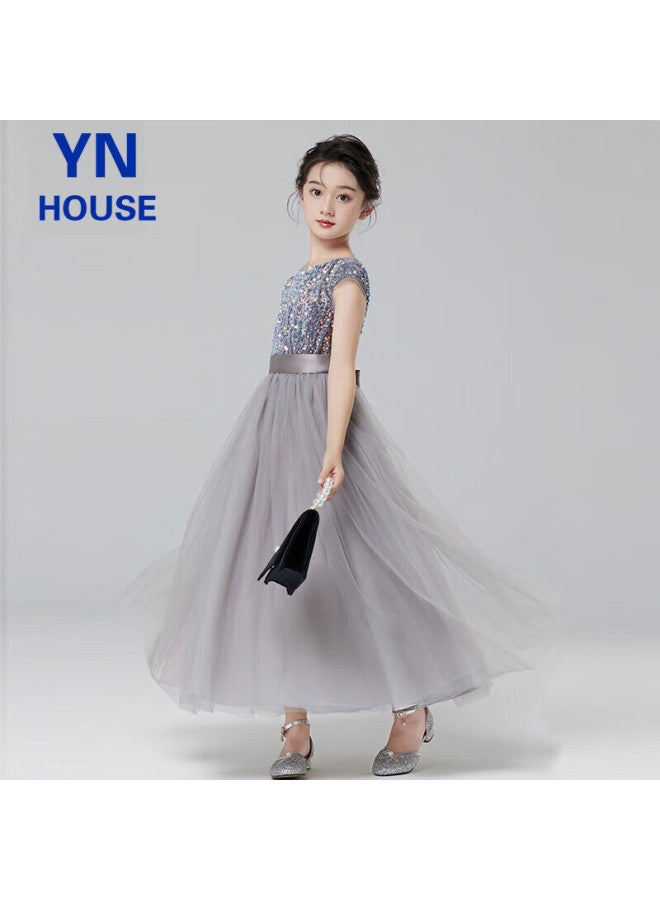 Yinuofang Girls' Formal Long Dress, Children's Flower Girl Dress, Girls' Performance Costume, Gray Tulle Long Skirt, 130cm - Image 3