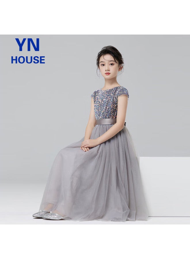 Yinuofang Girls' Formal Long Dress, Children's Flower Girl Dress, Girls' Performance Costume, Gray Tulle Long Skirt, 130cm - Image 1