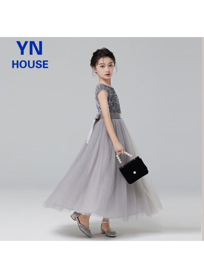Yinuofang Girls' Formal Long Dress, Children's Flower Girl Dress, Girls' Performance Costume, Gray Tulle Long Skirt, 130cm - Image 2