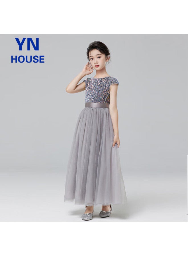 Yinuofang Girls' Formal Long Dress, Children's Flower Girl Dress, Girls' Performance Costume, Gray Tulle Long Skirt, 130cm - Image 4