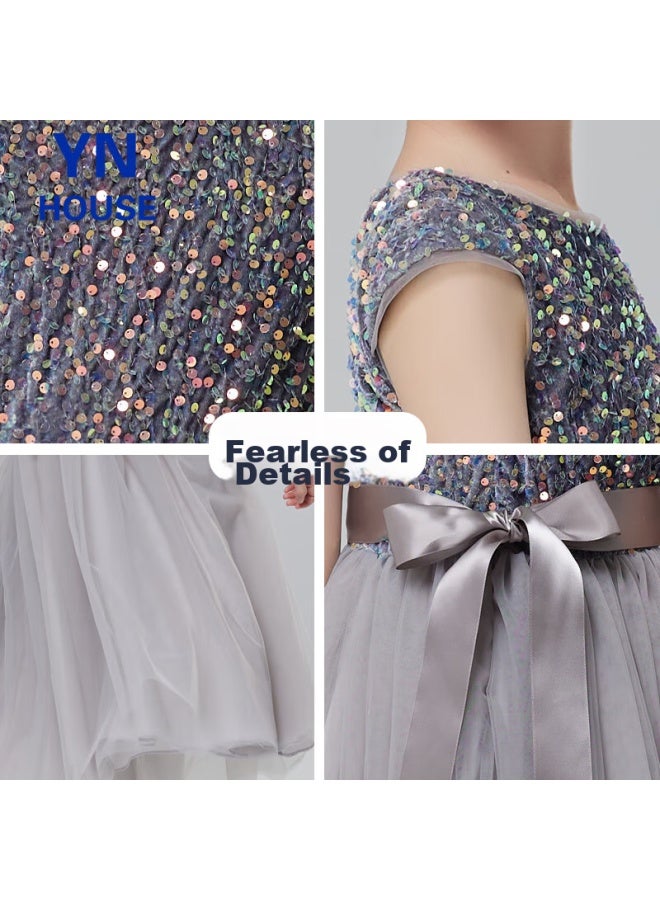 Yinuofang Girls' Formal Long Dress, Children's Flower Girl Dress, Girls' Performance Costume, Gray Tulle Long Skirt, 130cm - Image 5