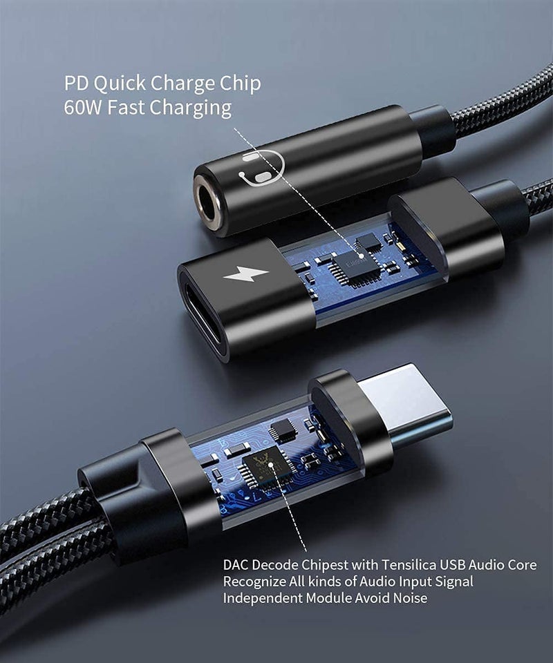 Vcddom USB Type C to 3.5mm Headphone and Charger Adapter, 2 in 1 Hi-Res 32bit/384kHz Aux to USB C with Safe PD 60W Fast Charging Dongle Cable for iPhone 16/15, Galaxy S25/S24, Google Pixel 9/8, and more - Image 3