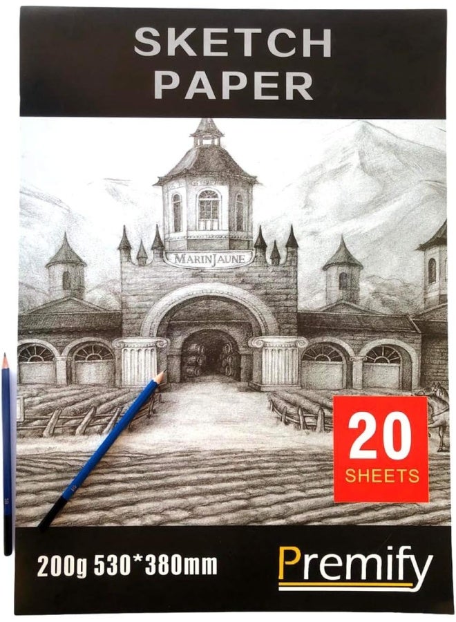 Premify دفتر رسم كبير 4K ورق سكتش 200 جرام، 20 ورقة (15" × 21 إنش) أوراق دفتر رسم فنية خالية من الحمض، وسائط احترافية للرسم والتلوين، قرطاسية للأطفال والبالغين - Image 1