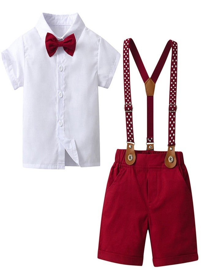 Mubineo Toddler Baby Boy Summer Clothes Overall Shorts Outfits Short Sleeve Button Down Shirt Overalls Kids Dress Suit (White Red, 6-12 Months) - Image 1