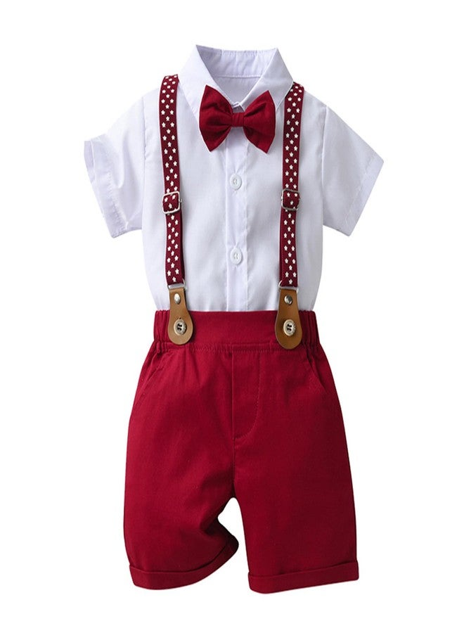 Mubineo Toddler Baby Boy Summer Clothes Overall Shorts Outfits Short Sleeve Button Down Shirt Overalls Kids Dress Suit (White Red, 6-12 Months) - Image 2